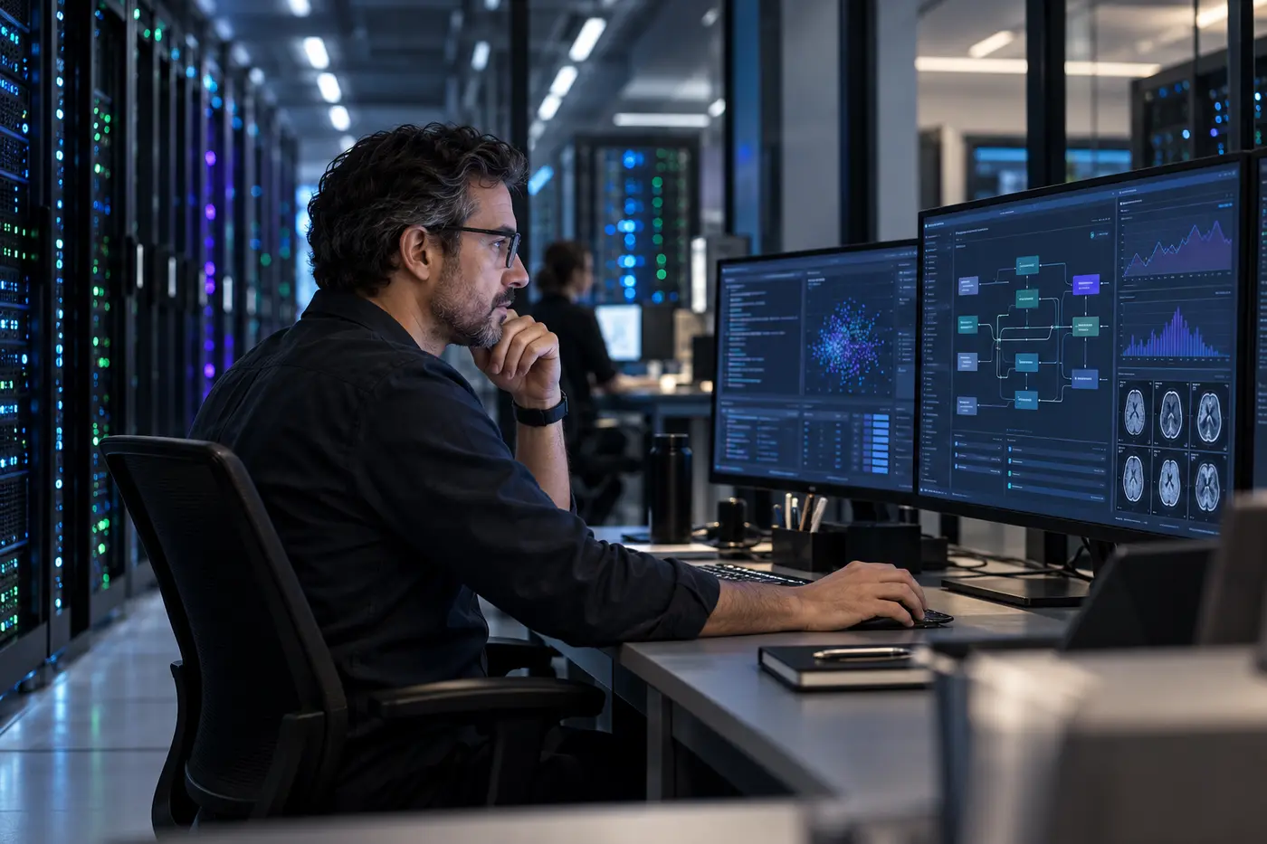 Imagem ilustrativa gerada por IA: profissional de tecnologia monitorando servidores GPU e sistemas de IA