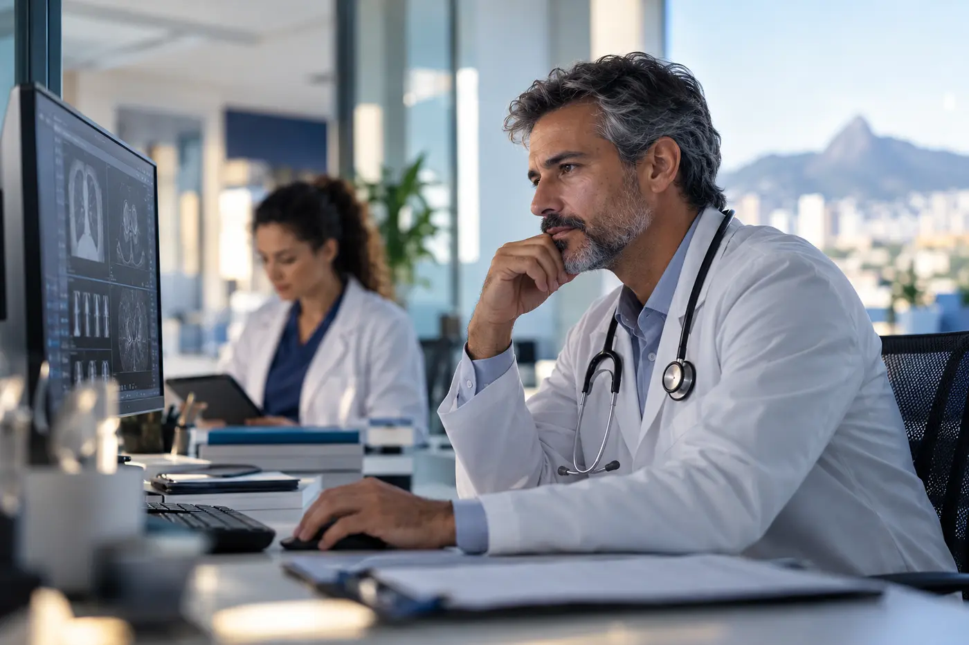 Imagem ilustrativa gerada por IA: médico auditor analisando um caso clínico em ambiente hospitalar